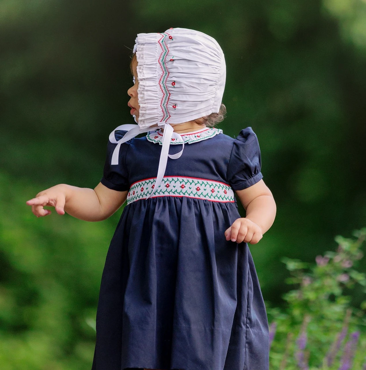 Girls Holiday Smocked Lace Bonnet 4 Girls Holiday Smocked Lace Bonnet - Image 2