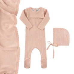 Scallop Trimmed Rib Knit Romper & Bonnet -Baby Clothing Store 6016 Blush Layflat 28187.1690299004