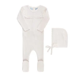 Scallop Trimmed Rib Knit Romper & Bonnet -Baby Clothing Store 6016 Ivory 18563.1690299005