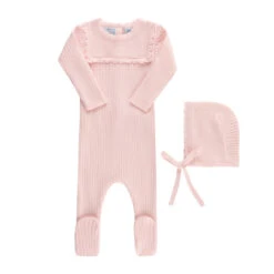 Scallop Trimmed Rib Knit Romper & Bonnet -Baby Clothing Store 6016 Pink 71564.1690299006